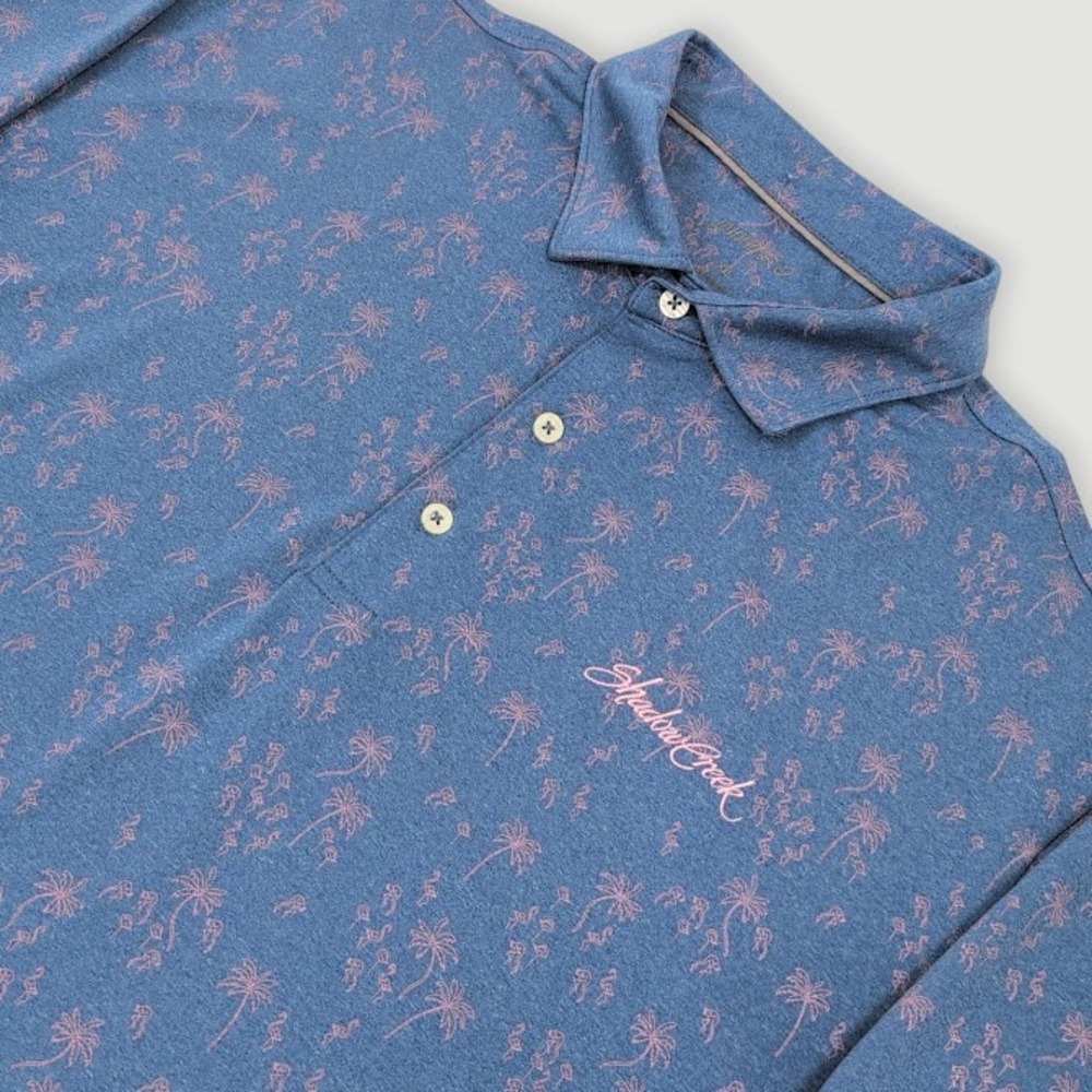 Johnnie O Kai Tropical Golf Polo Mens XL Blue Shadow Creek Flamingo Palm Print